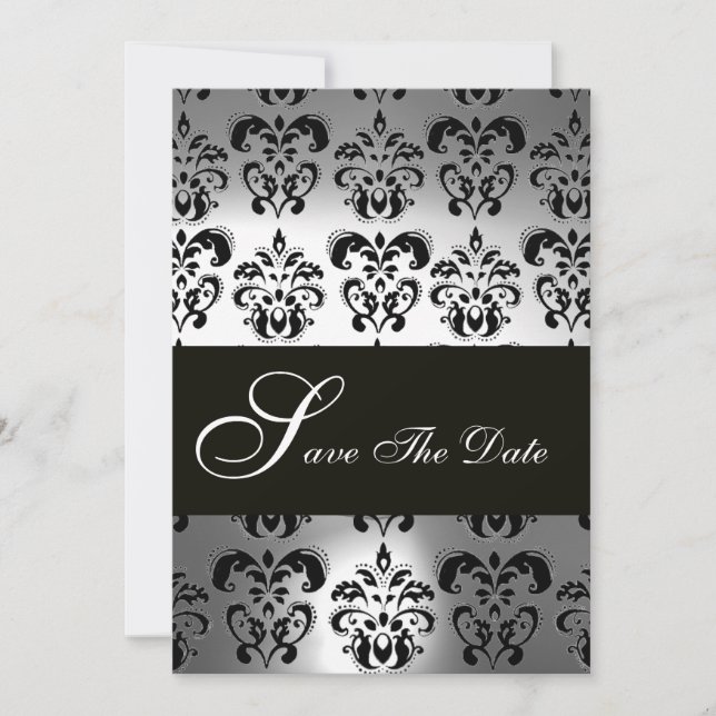 Save The Date ÉLÉGANT NOIR BLACÉ GRAY DAMASK Mariage MONOGRAM (Devant)