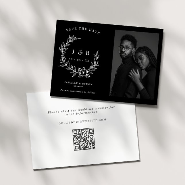 Save The Date Élégant noir et blanc couronne florale Monogramme  (Créateur téléchargé)