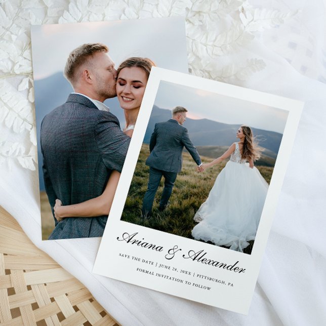 Save The Date Élégant noir et blanc Script Deux Mariage photo (Créateur téléchargé)