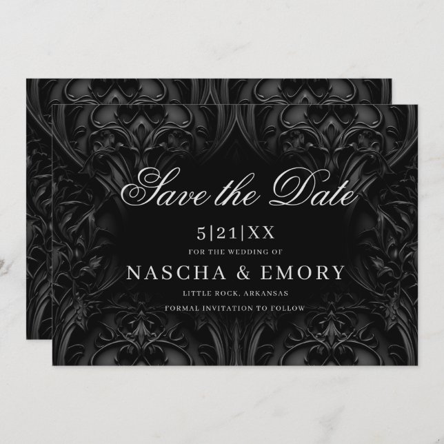 Save The Date Élégant noir gothique Damask Moody Mariage (Devant / Derrière)