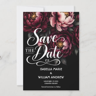 Save The Date Élégant Noir Mariage Fleurs de Pivoine Bourguignon