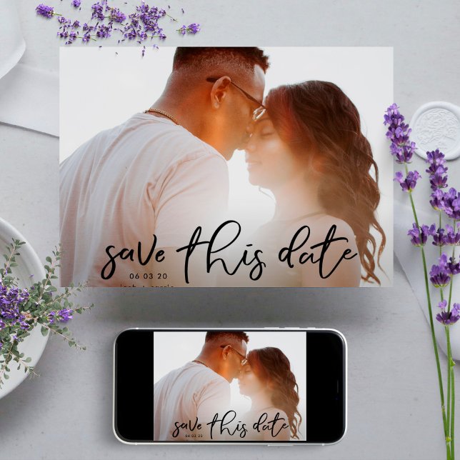 Save The Date Élégant noir Onyx photo Calligraphie classique (Créateur téléchargé)