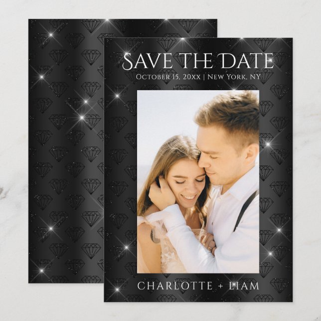 Save The Date Élégant Noir Paillettes Diamant Photo Enregistrer  (Devant / Derrière)