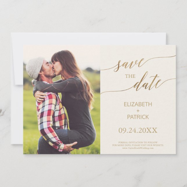 Save The Date Elégant or calligraphie ivoire Photo Enregistrer l (Devant)