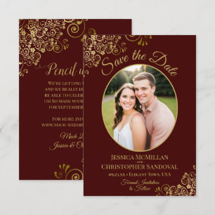 Save The Date Elegant Or dentelle et photo Auburn Brown Mariage