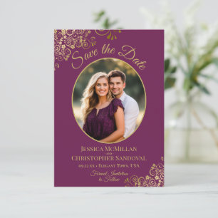 Save The Date Elégant Oval Photo Gold & Magenta Purple Mariage