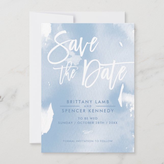 SAVE THE DATE elegant painted pale blue watercolor (Front)