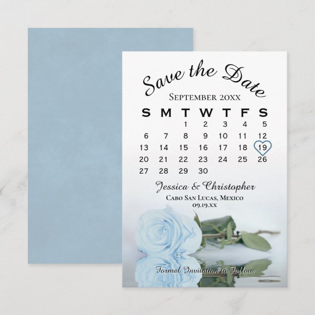 Save The Date Élégant Pale Dusty Blue Rose Calendrier Mariage (Devant / Derrière)