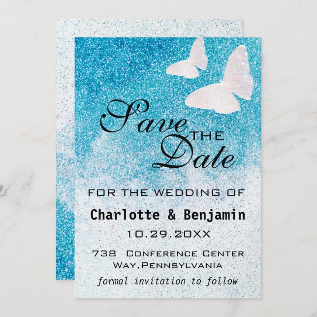 Save The Date Élégant Papillon Parties scintillant Bleu Enregist (Devant / Derrière)