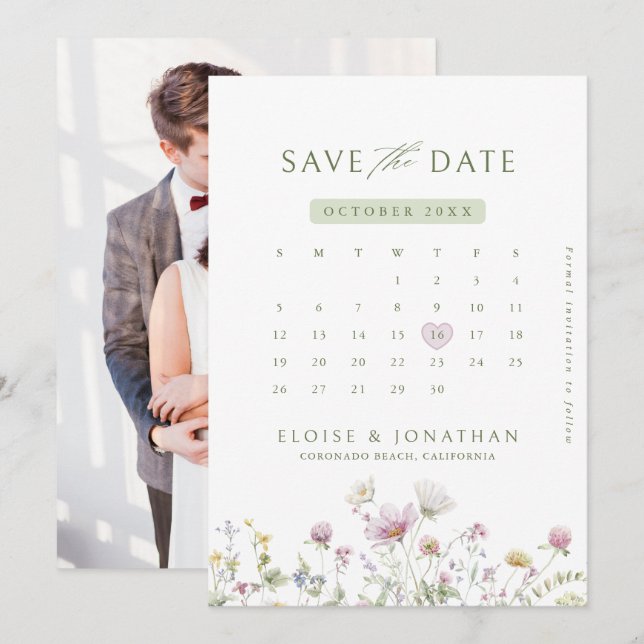 Save The Date Élégant Pastel Fleur sauvage Soft Photo botanique (Devant / Derrière)