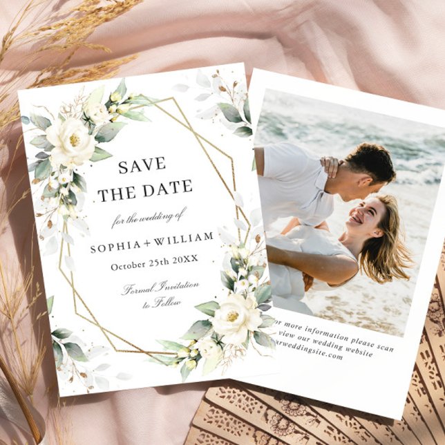 Save The Date Elégant Pastel White Roses Eucalyptus Mariage (Créateur téléchargé)