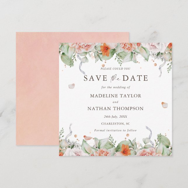 Save The Date Elégant Peach Floral Aquarelle Enregistrer la date (Devant / Derrière)