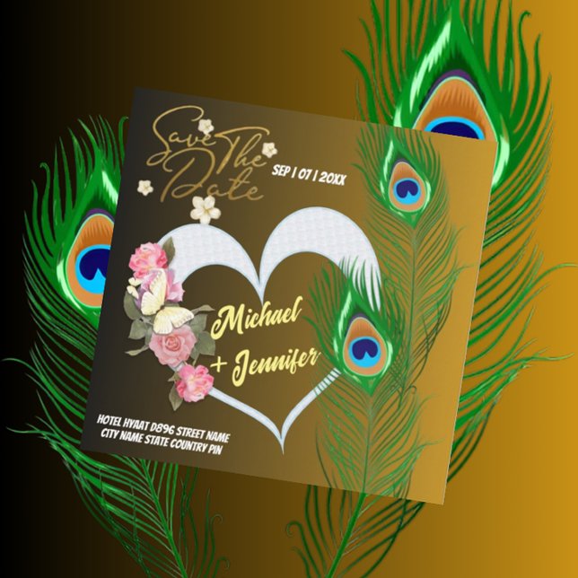 Save The Date Elégant Peacock Feather & Rose Mariage personnalis (Créateur téléchargé)