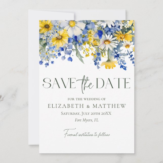 Save The Date Élégant Photo Bleu Jaune Fleurs sauvages Mariage B (Devant)