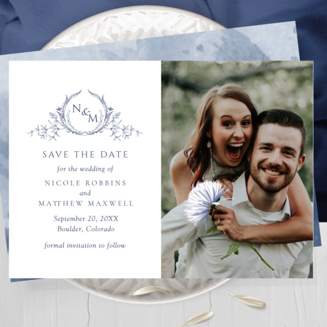Save The Date Elégant Photo Marine Blue Monogram Mariage (Créateur téléchargé)