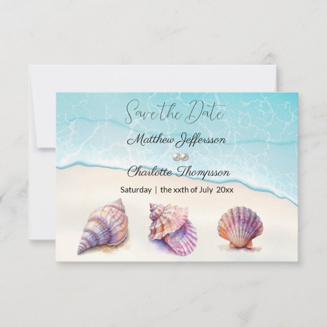 Save The Date Elégant Plage Mariage Coquillages Perles Nautiques (Devant)