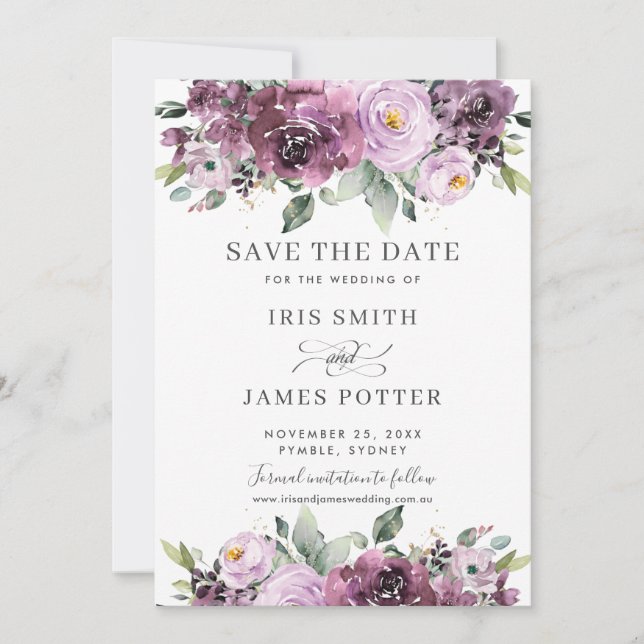 Save The Date Élégant Plum Mauve violet Mariage floral (Devant)
