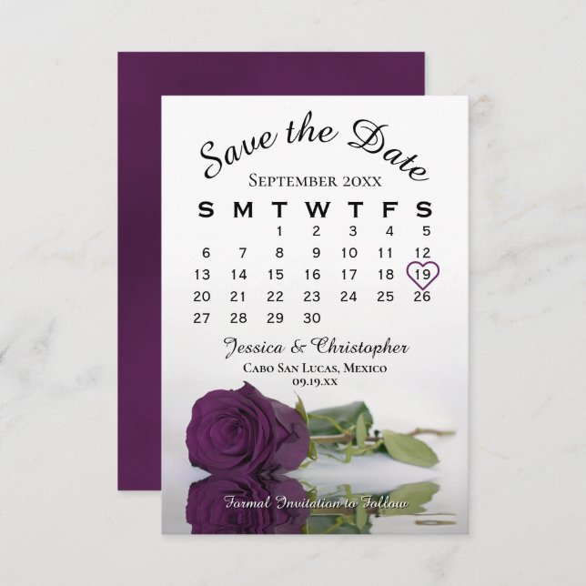 Save The Date Élégant Plum violet Rose Romantique Mariage Calend (Devant / Derrière)