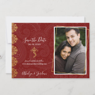 Save The Date Elégant Red & Gold Ganesha & Mehndi Enregistrer la