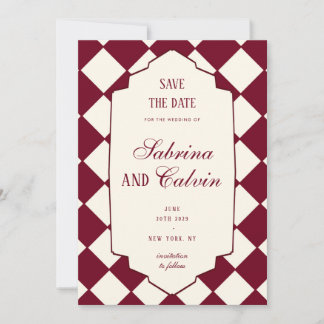Save The Date Elegant Retro Checkered Burgundy Wedding