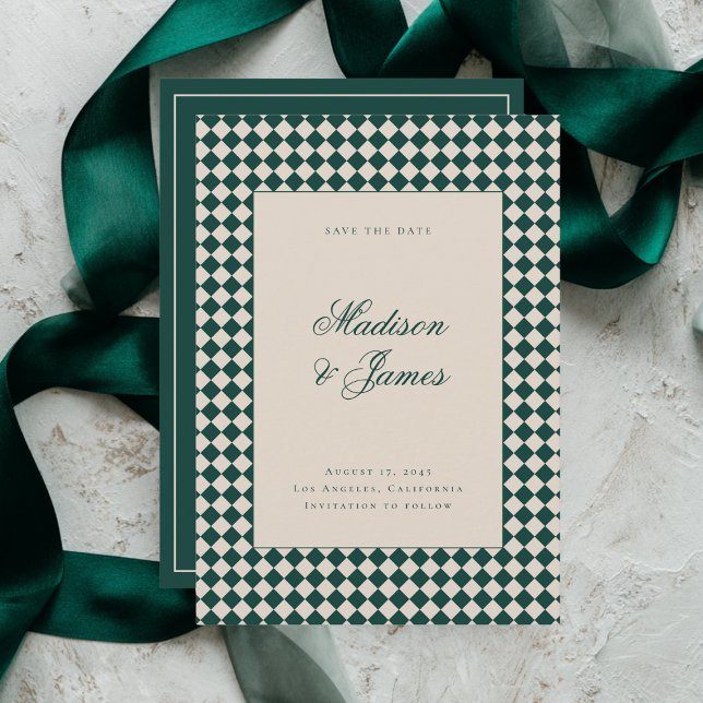 Save The Date Elegant Retro Checkered Green Beige Wedding (Créateur téléchargé)