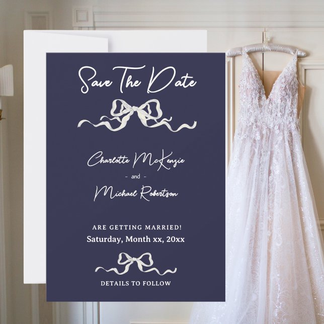 Save The Date Elegant Romantic Navy Ribbon Wedding (Elegant Romantic Wedding Navy & White Ribbon & Bow Save The Date)