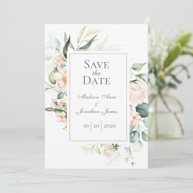 Save The Date Élégant romantique floral aquarelle floutée Script (Debout devant)