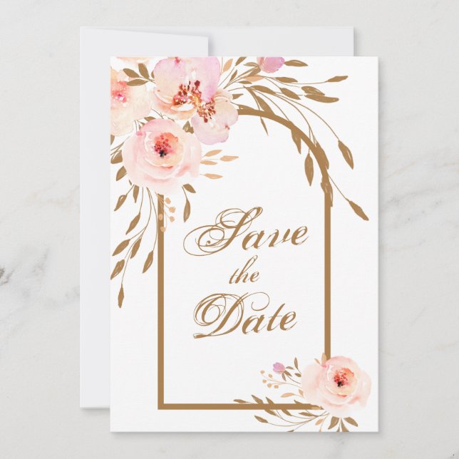 Save The Date Élégant Romantique rose Blush or Floral (Devant)