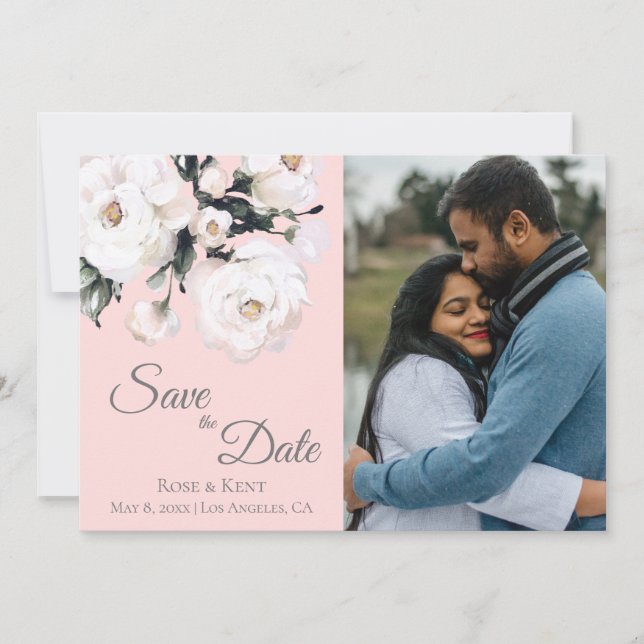 Save The Date Élégant rose 3 Photo Blanc Floral Mariage (Devant)