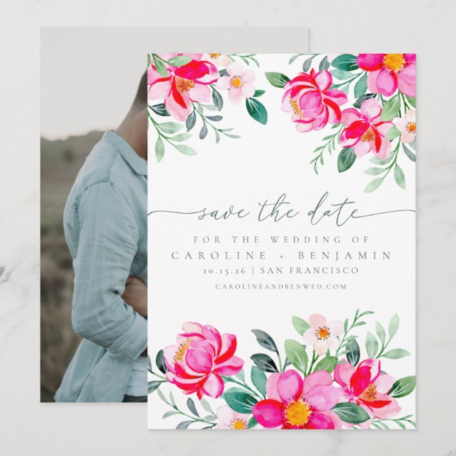 Save The Date Elégant rose Aquarelle Floral Mariage photo (Devant / Derrière)