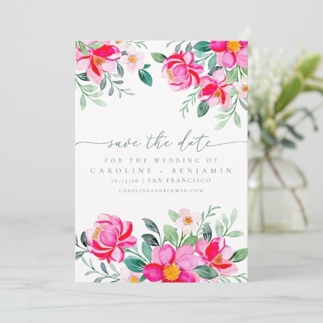 Save The Date Elégant rose Aquarelle Floral Script Mariage (Debout devant)