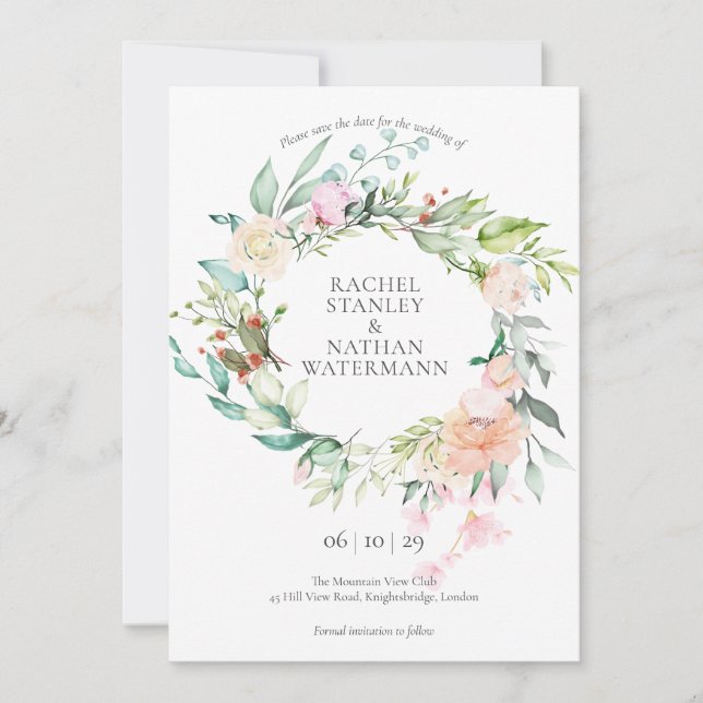 Save The Date Elégant Rose Aquarelle Garland Floral Mariage (Devant)