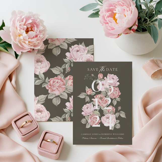 Save The Date Elégant rose Aquarelle Peony Floral Botanique (Elegant Pink Watercolor Peony Floral Botanical Save The Date)
