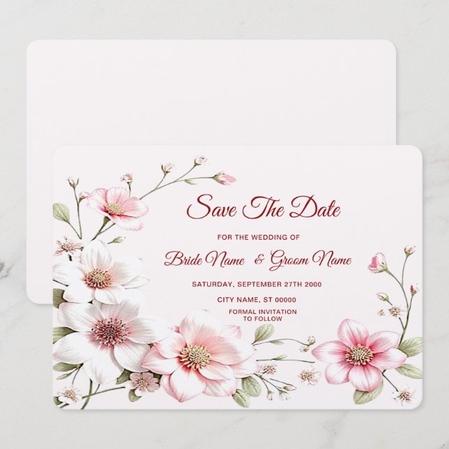 Save The Date Élégant Rose Blanc Floral Enregistrer La Date (Devant / Derrière)