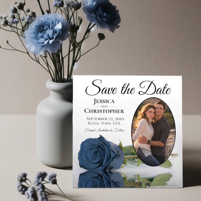 Save The Date Élégant Rose bleu acier Oval Photo Mariage blanc (Créateur téléchargé)