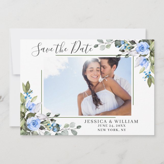 Save The Date Elégant Rose bleu Eucalyptus Mariage floral  (Devant)