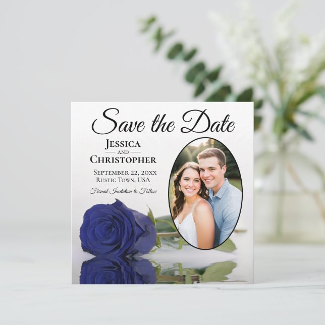 Save The Date Élégant Rose bleu marine sur Mariage photo ovale b (Debout devant)