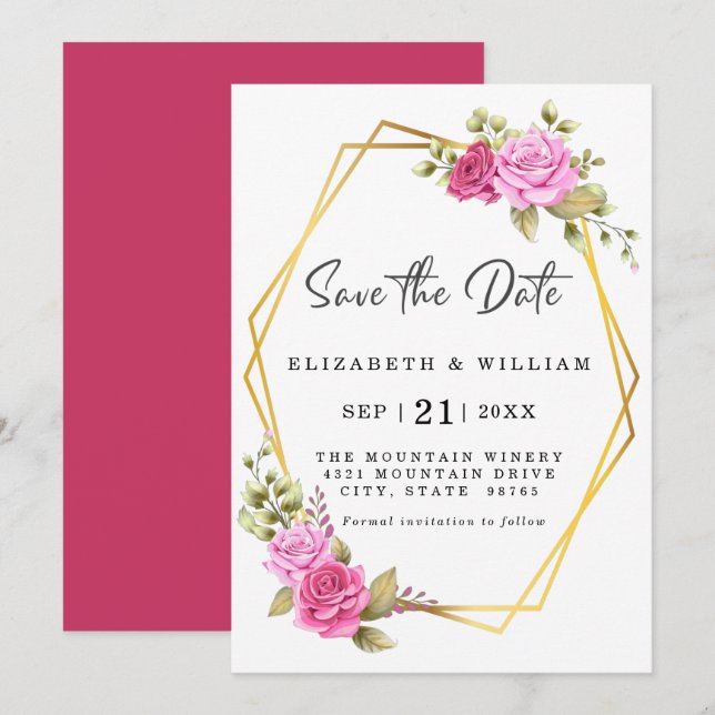 Save The Date Élégant rose Blush Floral Or géométrique (Devant / Derrière)