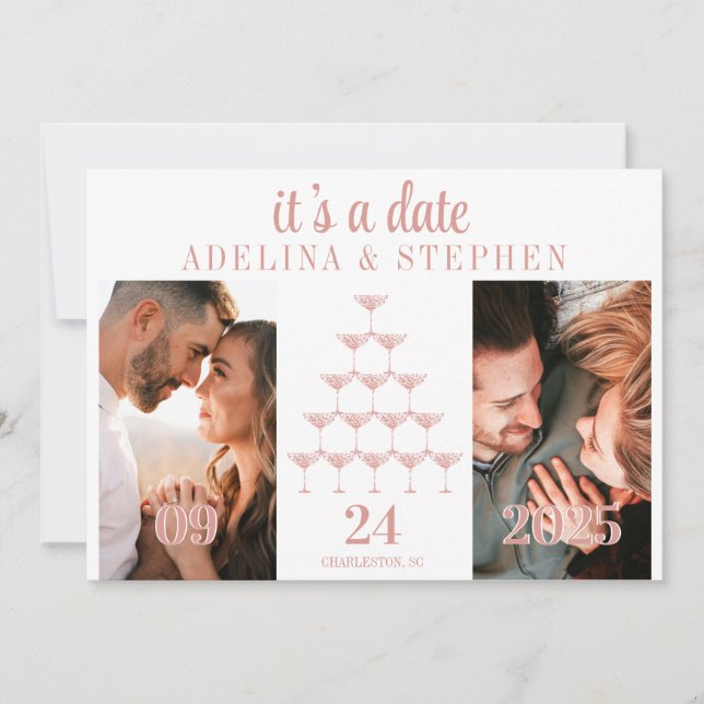 Save The Date Élégant Rose Champagne Tour Mariage Script (Devant)