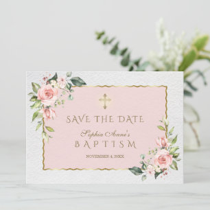 Save The Date Élégant rose Fleurs Rouges Croix Baptême Fille