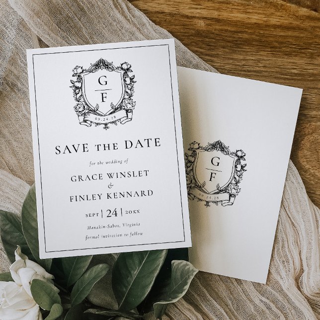 Save The Date Élégant Rose Floral Monogram Crest Mariage (Créateur téléchargé)