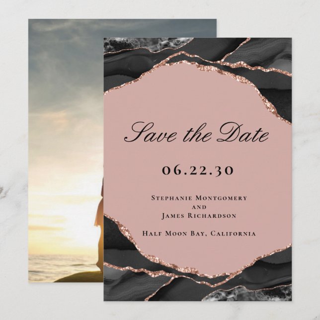 Save The Date Élégant Rose Gold Foil Agate Mariage Photo (Devant / Derrière)