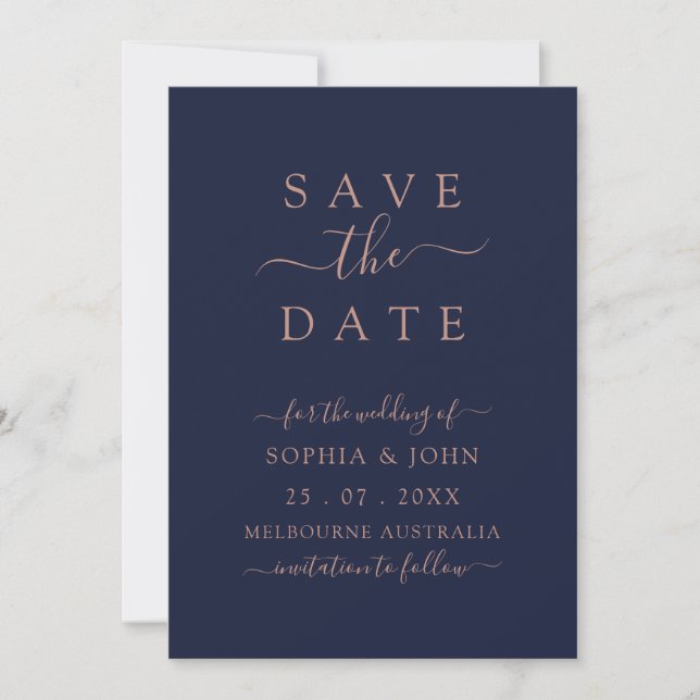 Save The Date Elégant Rose Gold Navy Bleu (Devant)