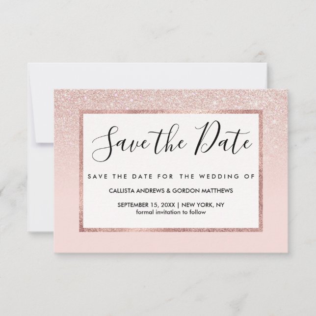 Save The Date Elégant Rose Gold Pink Parties scintillant Ombre (Devant)