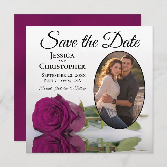 Save The Date Élégant Rose Magenta sur Mariage photo ovale blanc (Devant / Derrière)