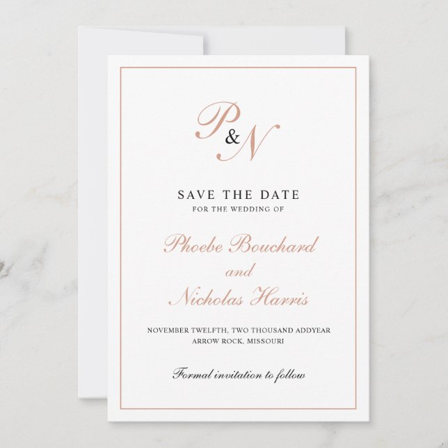 Save The Date Élégant Rose Monogramme or Mariage officiel (Devant)