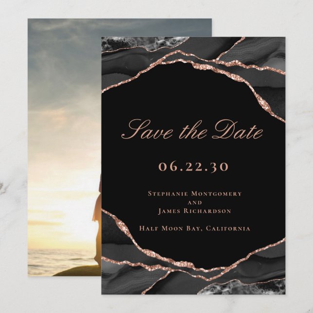 Save The Date Élégant Rose noir Gold Foil Agate Mariage Photo (Devant / Derrière)