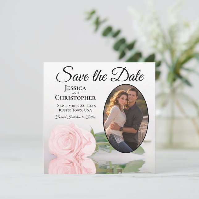 Save The Date Élégant rose rose rose pâle avec Mariage photo ova (Debout devant)