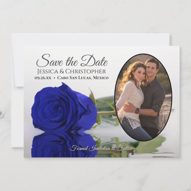 Save The Date Elégant Rose Royal Blue avec Mariage Oval Photo (Devant)