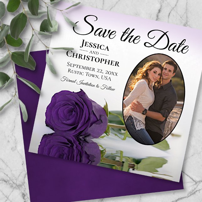Save The Date Elégant Rose Royal violet avec Mariage Oval Photo (Créateur téléchargé)